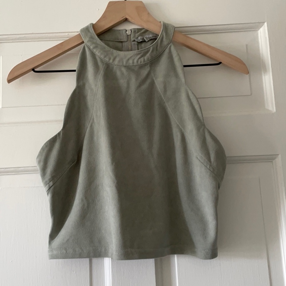 Sage Green Faux Suede Scalloped Edge Crop Top